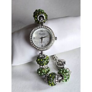 Green Crystal Rhinestone Watch Silver-tone Bracelet As-Is Untested Need Battery